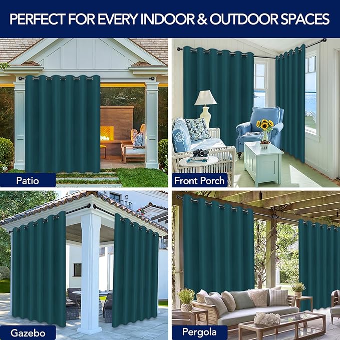 PureFit Outdoor Curtains for Patio Waterproof Weatherproof, UV Resistant Outside Curtains for Gazebo, Front Porch, Pergola, Sun Blocking Privacy Curtain, 100W x 120L inch, 1 Panel, Teal PureFit