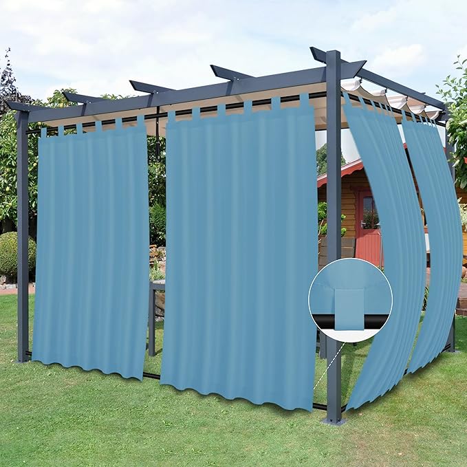 Easy-Going Outdoor Patio Curtains Detachable Tab Top Windproof Weatherproof Curtain for Cabana, Porch, Pergola and Gazebo, Tab Bottom Drape, 2 Panels, 54W x 120L inch, Sky Blue Easy-Going