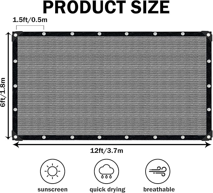 Grey Sun Shade Cloth,Pergola Shade Cover with Reinforced Grommets,90% Shade Fabric Fence Privacy Screen Balcony,Pergola Shade Cover Canopy Garden Carport Porch Deck Patio Shade Cover,6x12FT IMSGVIFO