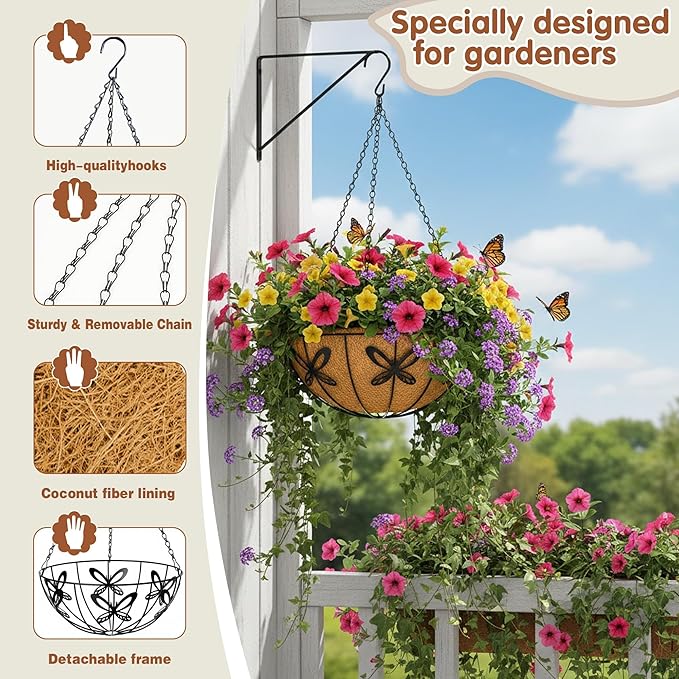 12 inch Metal Hanging Baskets For Plants Outdoor 4 Pack Round Metal Wire Hanging Basket Planter with Coco Fiber Liners Chain Round Wire Plant Holder for Garden, Patio, Deck, Porch Plants Flower Potss JFFLYIT