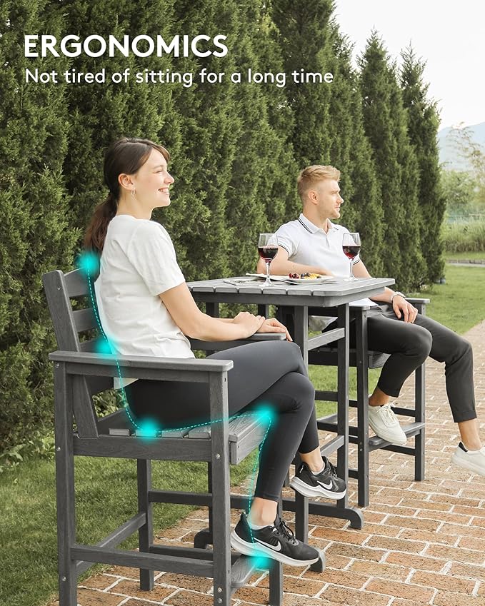 SERWALL Balcony Adirondack Chairs and Table 3 Pieces Set, Adirondack Bar Height Chairs Set of 2 and Bar Table, Outdoor Bar Stools Set, Gray SERWALL