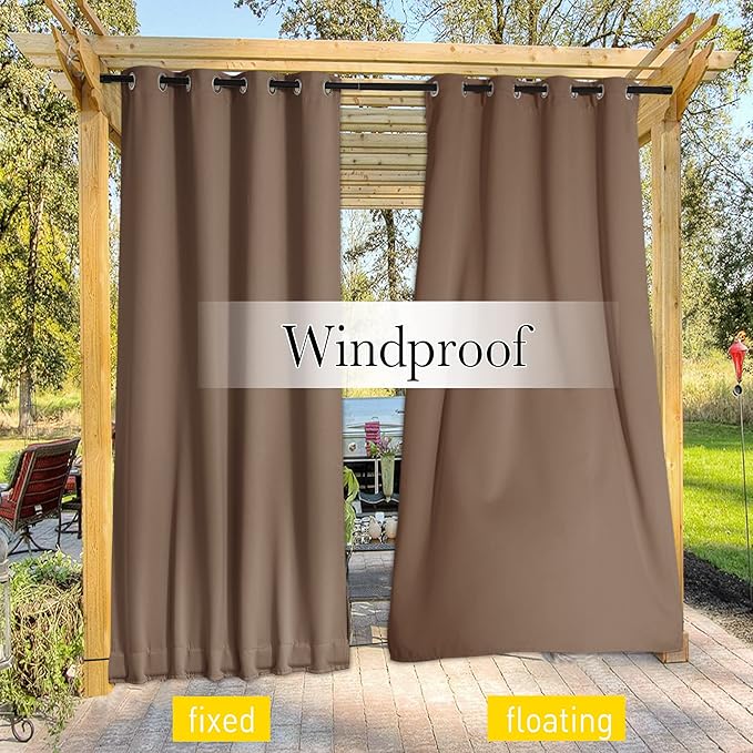 NICETOWN 2 Panels Blackout Patio Waterproof Outdoor Curtains, Insulated Top & Bottom Grommet & Back Tab Windproof Room Darkening Drapes Privacy for Pergola with Fixed Ropes, W46 x L72, Tan-Khaki NICETOWN