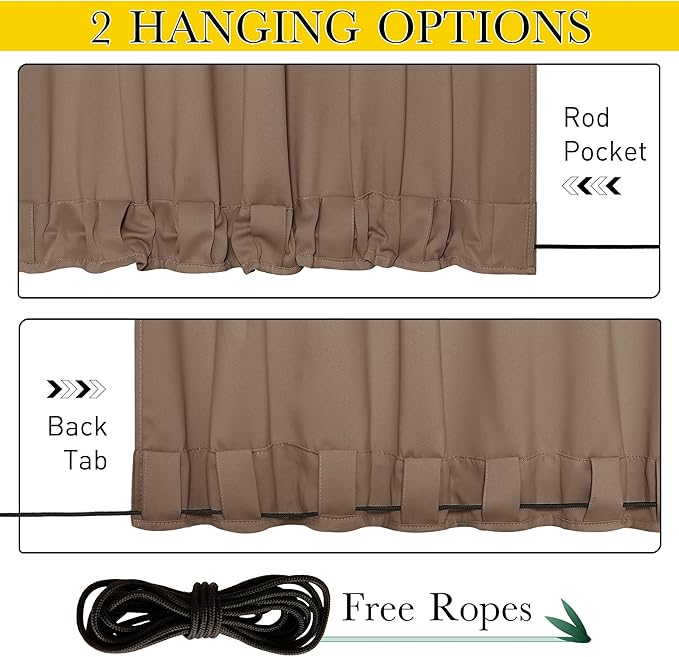 NICETOWN 2 Panels Outdoor Curtains for Patio Waterproof & Windproof, Thermal Insulated Top & Bottom Grommet & Back Tab Light Block Outdoor Drapes with Bouns Rope for Fixed, Tan, W66 x L90 NICETOWN