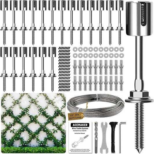 Wire Trellis for Climbing Plants Outdoor, 20-Set Wall Wire Trellis Kit with 1/8in x 98ft Stainless Steel Cable, T316 Espalier System for Fence and Garden DIY Projects Acemaker