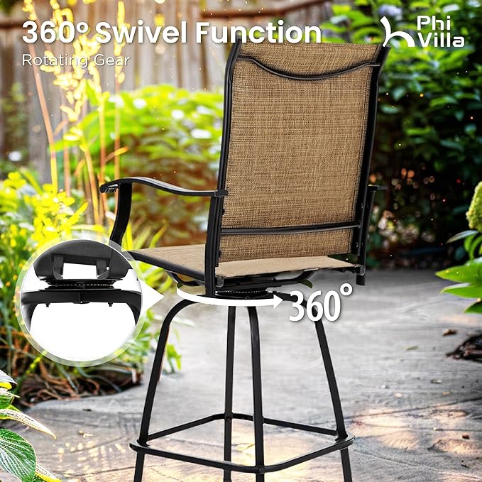 PHI VILLA 5 Piece Outdoor Bar Set with Swivel Patio Bar Stools, Patio Bar Bistro Table and Chairs with Brown Textilene Fabric & Square Bar Table for Deck, Balcony and Garden PHIVILLAThepioneerofcomfortablehouseholdsupplies
