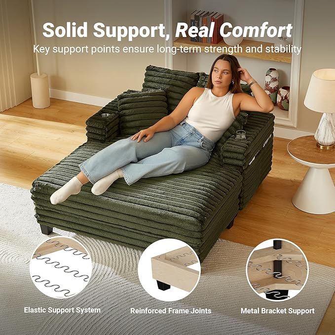 64" Chaise Lounge Chair Indoor, Oversized Sleeper Chair with Wood Frame, Upholstered Sofa Bed for Living Room, Movie Room, Bedroom with 4 Storage Pockets&2 Cup Holders(Plush Corduroy, Green) Amsleekey