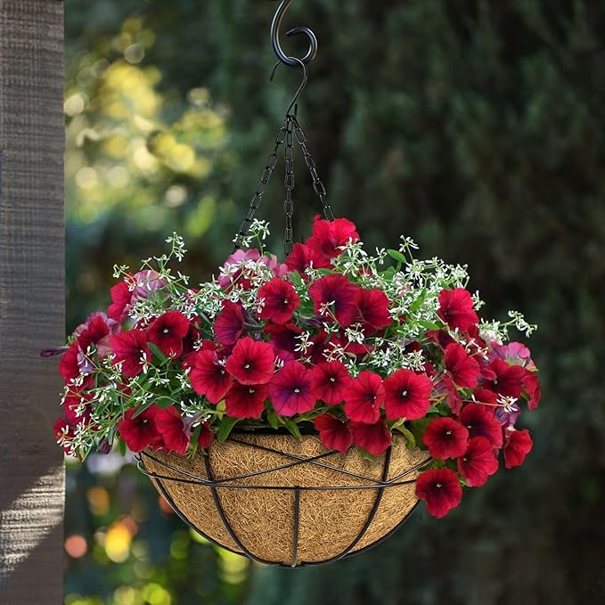 4 Pack 16 Inch Hanging Planters for Outdoor Plants Metal Wire Flower Baskets with Coco Liner & Plastic Saucer Large Deep Hanging Plant Pots for Porch Balcony Garden Décor KarlliuHOMEGARDEN