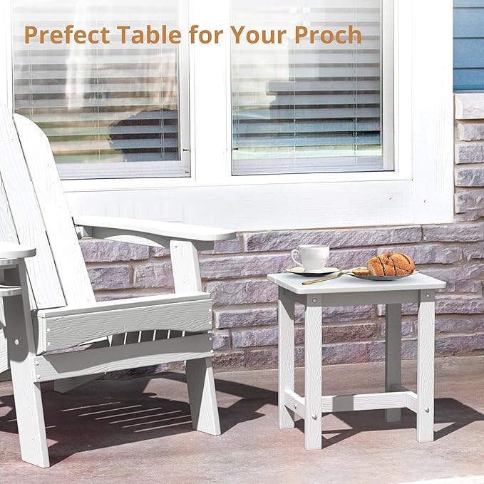 LUE BONA Outdoor Side Table, HDPS Small Outdoor Adirondack Side Tables, Outside End Table for Patio, Porch, Deck, Weather Resistant/Easy Maintenance, White LUEBONA