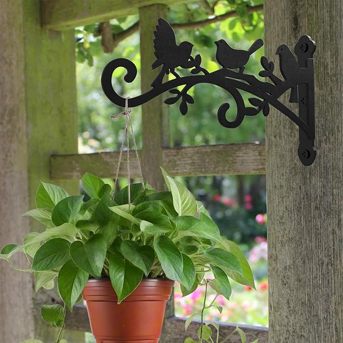 Metal Hanging Plant Bracket with Birdie Pattern 2 Pack – Heavy Duty Plant Hooks for Hanging Flower Baskets，Plants, Bird Feeder, Wind Chime - Indoor/Outdoor Use，Black Matte Texture (12 in) Rootora