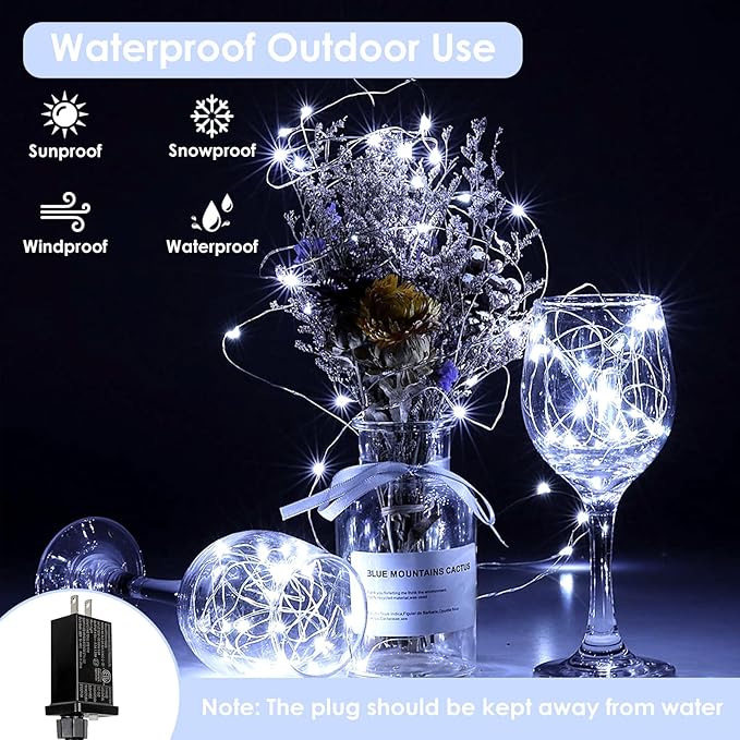 33Ft 100LED Fairy Lights Plug in, Waterproof String Lights Outdoor & Indoor 8 Modes with Timer, Christmas Light Bedroom Decor, Twinkle Light for Girl's Room Garden Christmas Decorations (Cool White) BHCLIGHT