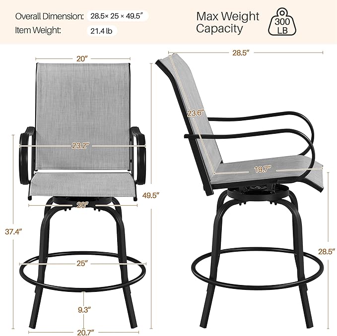 Yaheetech Patio Swivel Barstools Outdoor Chairs Set of 2, High Bistro Stools Outdoor Furniture, All-Weather Patio Stools for Outside, Beach, Lawn, Poolside and Garden, Black/Light Gray Yaheetech