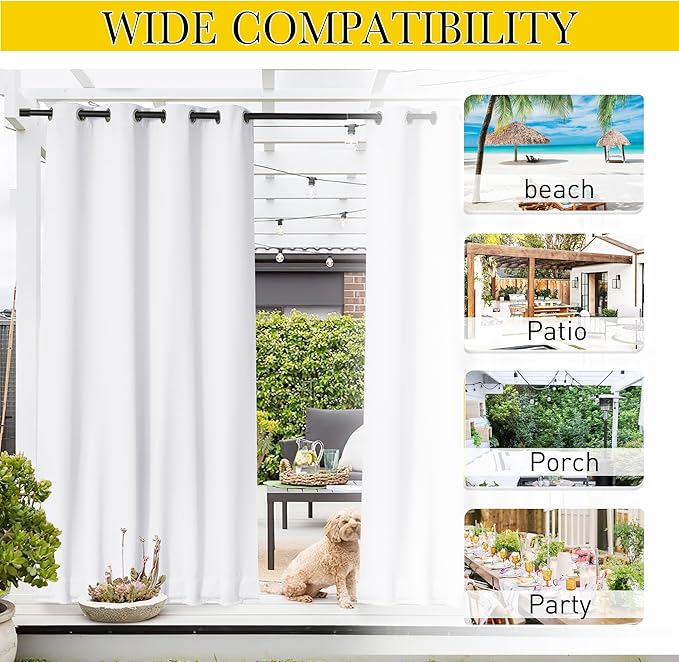 NICETOWN 2 Panels Outdoor Curtains Waterproof Fixed Grommet/Back Tab on Top & Bottom, Thermal Insulated Windproorf Sun Blocking Outdoor Drapes with Rope for Patio/Gazebo, W52 x L84, Pure White NICETOWN