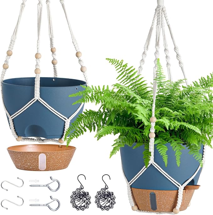 Hanging Planter Self Watering 10 Inch, 2 Pack Hanging Baskets for Plants, Hanging Flower Pots with Drainage Hole & 2 Kinds of Plant Hangers for Garden Home Decor (Navy Blue, 10 Inch) Fielda