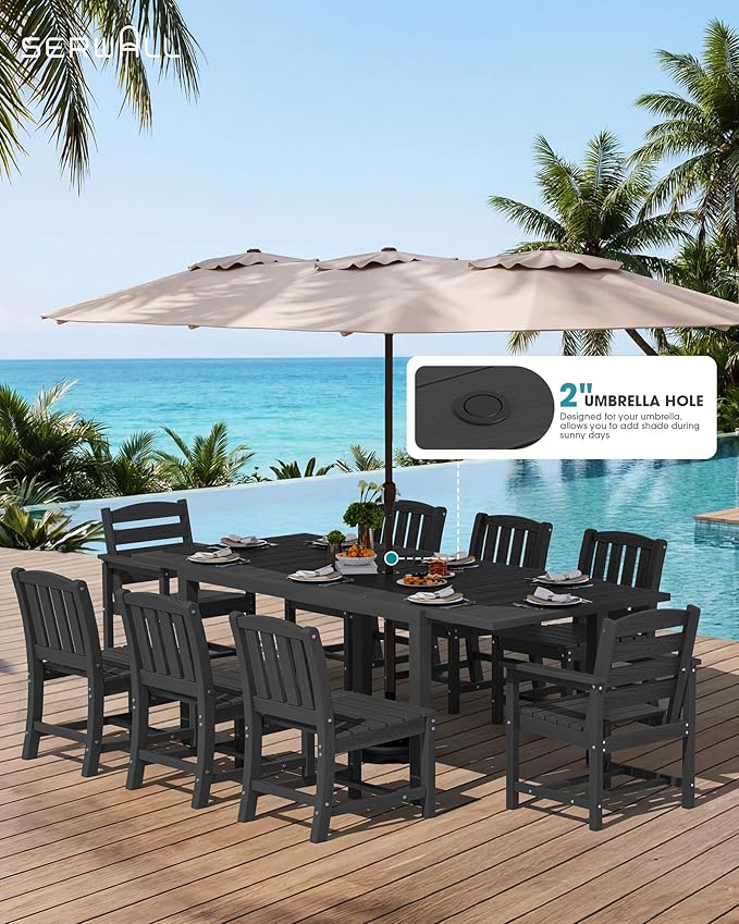 SERWALL 7-Piece Outdoor Dining Set, 60" - 83" Expandable Outdoor Dining Table and 6 HDPE Chairs, All Weather HDPE Outdoor Furniture Set for Backyard, Garden, Black SERWALL