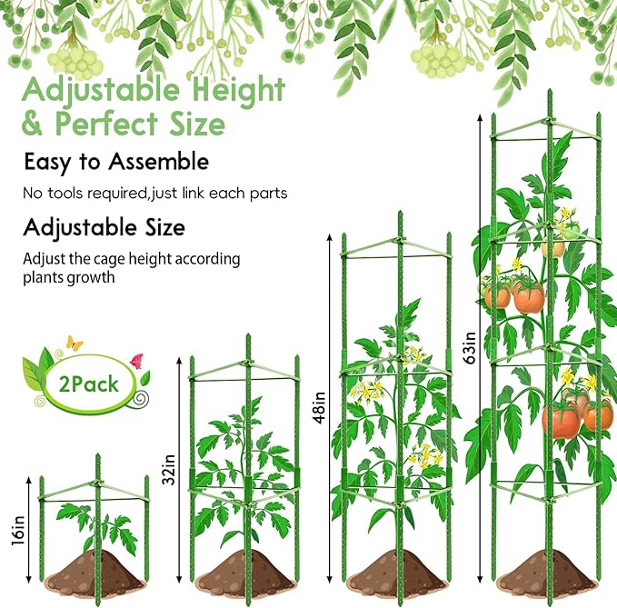 Riare 2 Pack 5.2 FT Tomato Cages for Garden- 63inches Heavy Duty Garden Stakes, Adjustable Tall Tomato Plant Support Tomato Trellis Cage for Pots, Raised Garden Bed, Climbing Vegetables Plants Flowers Riare