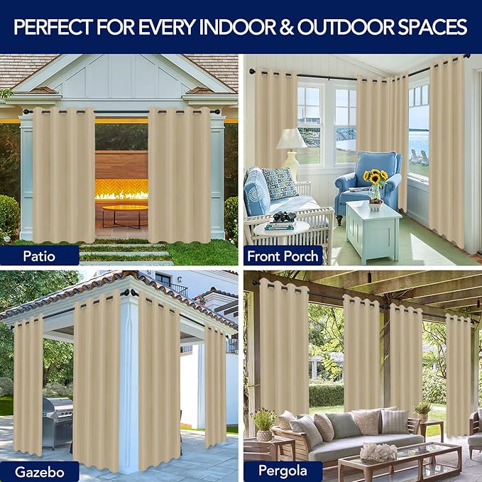 PureFit Outdoor Curtains for Patio Waterproof Weatherproof, UV Resistant Outside Curtains for Gazebo, Front Porch, Pergola, Sun Blocking Privacy Curtain, 52W x 108L inch, Set of 2, Beige PureFit