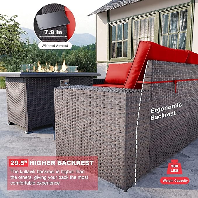 Kullavik 13 Pieces Outdoor Patio Furniture Set with 43" 55000BTU Gas Propane Fire Pit Table PE Wicker Rattan Sectional Sofa Patio Conversation Sets,Red KULLAVIK