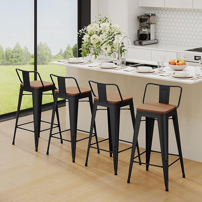Yongchuang 24" Metal Barstools Set of 2 Counter Bar Stools with Wood Top Low Back Matte Black YongchuangInternational
