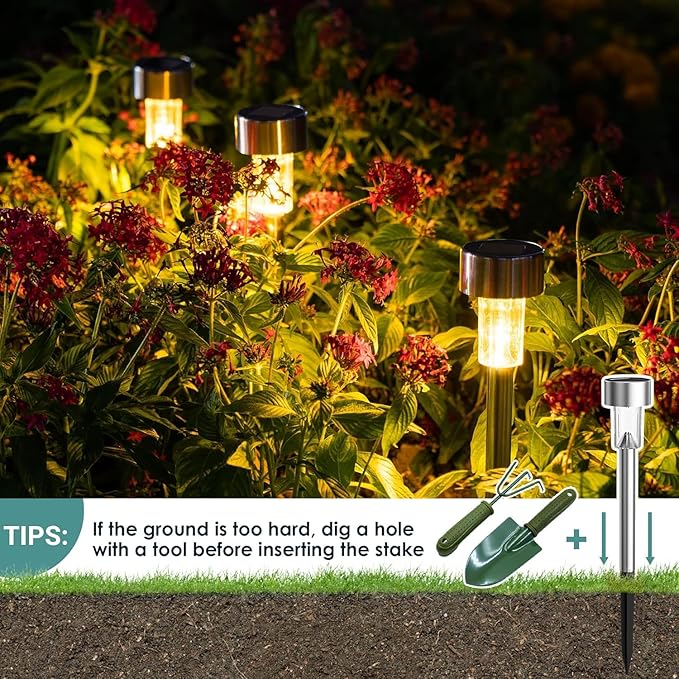 GIGALUMI 16 Pack Solar Path Lights Outdoor,Solar Lights Outdoor Waterproof,Stainless Steel LED Landscape Lighting,Solar Garden Lights for Driveway,Pathway,Patio,Yard GIGALUMI