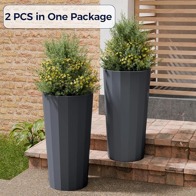 23.6" Tall Outdoor Planters Set of 2, Large Planters for Outdoor Plants for Porch Decor with Drainage Hole, Wide Stripe Design Porch Flower Pots for Indoor Pot Patio/Garden, Gray Blue Outdoorchairs