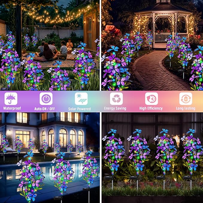 Solar Garden Lights Outdoor, Waterproof 4 Pack Solar Butterfly Lights with 60 LED 12 Butterfly Colorful Lighting for Garden Yard Lawn Outdoor Decor, Gift for Mom Women Mother's Day MRHEPHAESTUS