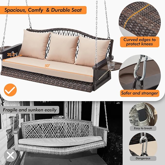 Upgraded Wicker Hanging Porch Swing Heavy Duty 900lbs 3-Seat Outdoor Patio Swing Chair Bench for Adult w/ 8.9ft Hanging Chains Cushions and Cup Holder zzw