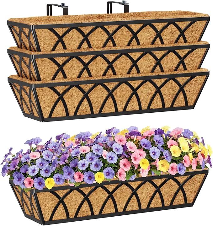 HFHOME 24 inch Window Deck Rail Planter with Coco Liner, 24" Dia Window Box Trough with Coconut Coir Liners, Black Metal Hanging Flower Planter Basket for Indoor Outdoor Lawn - Set of 4 HFHOME