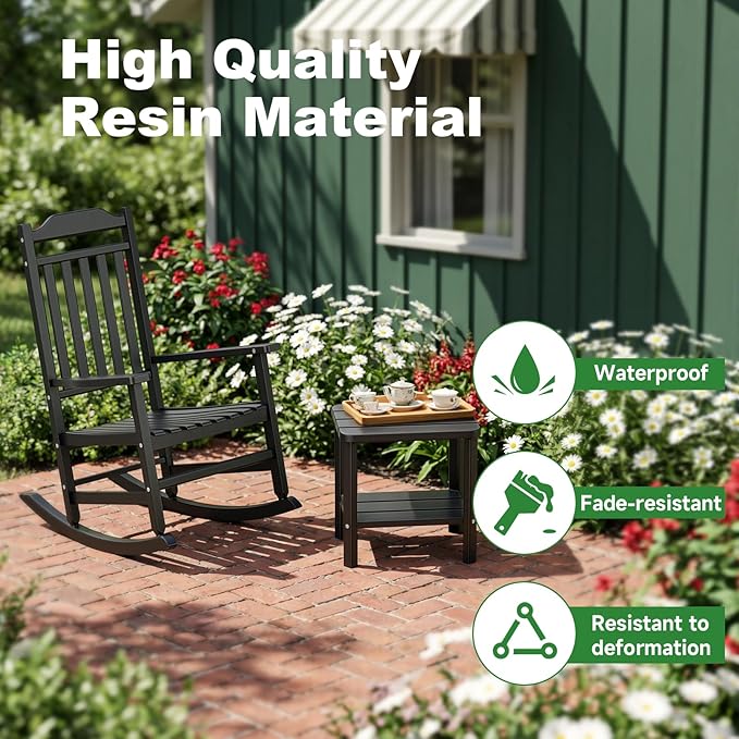 3 Piece Outdoor Rocking Bistro Set, Rocking Chairs Outdoor Furniture, Resin Waterproof Sun-Proof Patio Furniture Set for Garden, Pool, Backyard（3, Black） GYMHILL