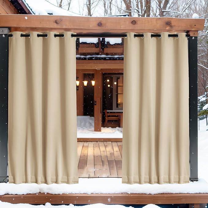 NICETOWN 2 Panels Outdoor Curtains for Patio Waterproof & Windproof, Thermal Insulated Top & Bottom Grommet & Back Tab Light Block Outdoor Drapes with Bouns Rope for Fixed, Biscotti Beige, W52 by L95 NICETOWN