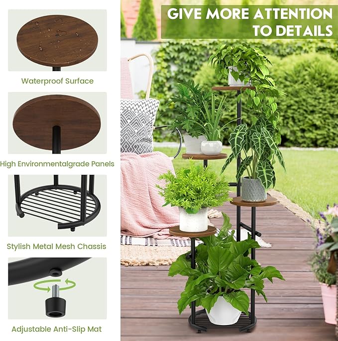 TOSKING 5 Tier Metal Plant Stand Indoor， Plant Shelf, Corner Shelf Flower Pot Stand for Outdoor Plant Stand for Living Room Balcony Garden Patio Bedroom (Black and Brown, 42in) TOSKINGESSENCE