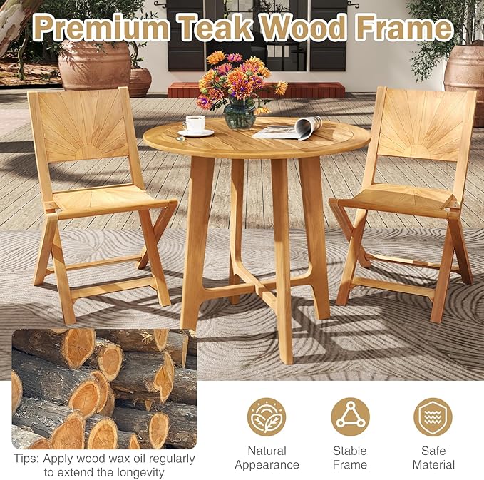 Tangkula 31.5" Round Patio Dining Table, Teak Wood Outdoor Dining Table with Slatted Tabletop, X-Shaped Frame & 4 Sturdy Supporting Legs, Indoor or Outside Table for Deck, Garden, Poolside & Backyard TANGKULA