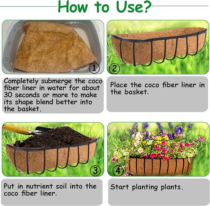 3 Pack Coco Liners for Window Planter Box - 24in 100% Natural Coconut Coir Fiber Liner Replacement for Deck Flower Box, Garden Railing Fence Trough, Wall Planter Basket, Vegetables Pot ANPHSIN