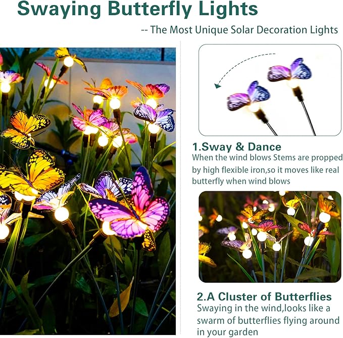 TONULAX Solar Garden Lights - Swaying Butterfly Light, Swaying in The Wind, Solar Outdoor Lights, Yard Patio Pathway Decoration, High Flexibility Iron Wire & Realistic Butterflies (6 Pack) TONULAX