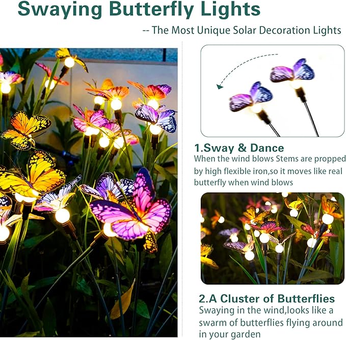 TONULAX Solar Garden Lights - Swaying Butterfly Light, Swaying in The Wind, Solar Outdoor Lights, Yard Patio Pathway Decoration, High Flexibility Iron Wire & Realistic Butterflies(8 Pack) TONULAX