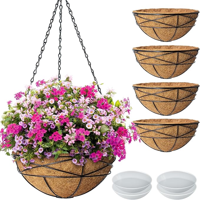 4 Pack 10 Inch Hanging Planters Metal Wire Flower Baskets with Natural Coconut Liners for Outdoor Plants Round Plant Holder Planter for Garden Decor KarlliuHOMEGARDEN