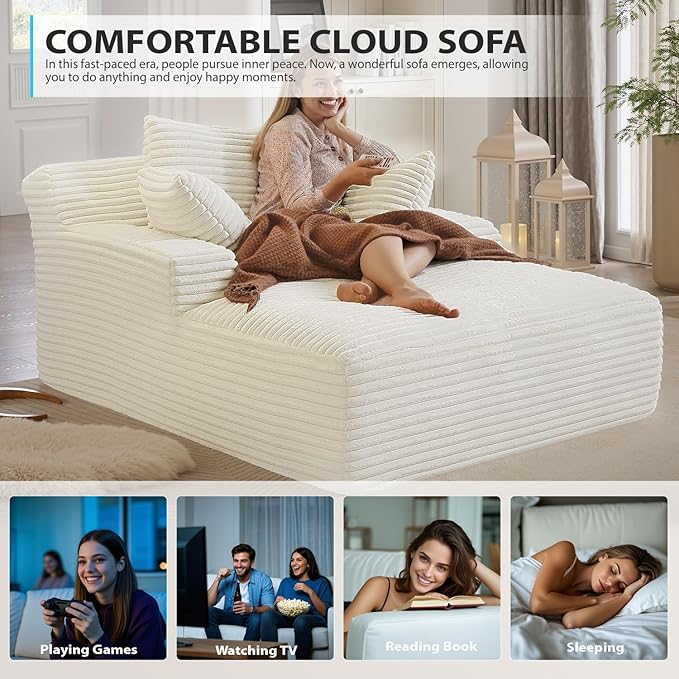 67 Inch Chaise Lounge Chair Indoor, Oversized Corduroy Upholstered Boneless Sofa Bed, Deep Seat Sleeper Couch Reading Chairs, Cloud Sofas Couches for Living Room, No Assembly Required (Beige) HANXIN