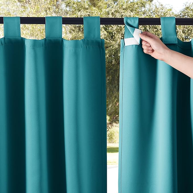 NICETOWN 2 Panels Peacock Teal Patio Curtainss Outdoor Waterproof with Self-Adhesive Tab Top, Thermal Insulated Heat & Cold Blocking Outdoor Curtainss for Easy Hanging & Sliding, W52 x L95 NICETOWN