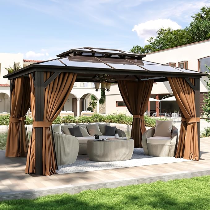 Aoxun 10'x14' Hardtop Gazebo, Aluminum Frame Permanent Pavilion with Curtains and Netting, Outdoor Polycarbonate Double Roof Canopy, for Patio, Garden, Lawn, Brown Aoxun