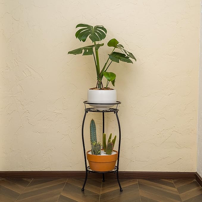 FaithLand 2 Pack Metal Plant Stands, Tall Planter Holder Indoor Outdoor, 2 Tier Round Potted Supports Rack, Corner Display Shelf Black FaithLand