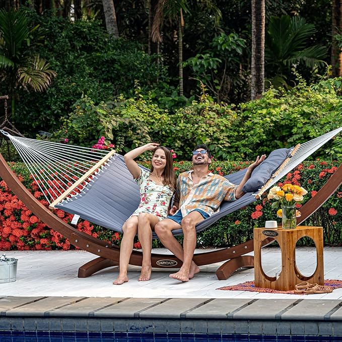 Lazy Daze Hammocks 12 FT Double Quilted Fabric Hammock with Spreader Bar and Detachable Pillow, 2 Person Double for Outside Patio Poolside Backyard Beach, 450lbs Capacity, Gray LazyDazeHammocks