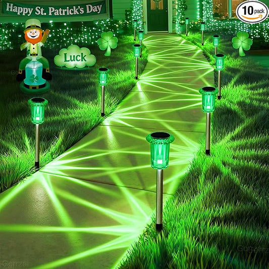 St Patricks Day Decorations Solar Lights Outdoor 10 Pack Solar Pathway Lights Green Halloween Decorations Waterproof Yard Lighting for Driveway Garden Walkway Path Landscape Lawn Gorrzai