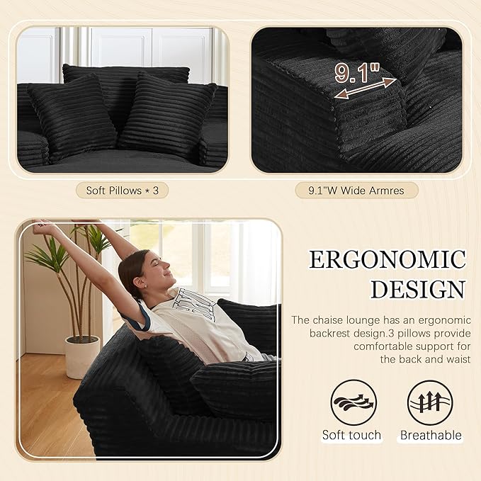 80 Inch Chaise Lounge Chair Indoor, Oversized Corduroy Upholstered Boneless Sofa Bed, Deep Seat Sleeper Couch Reading Chairs, Cloud Sofas Couches for Living Room, No Assembly Required (Black) HANXIN