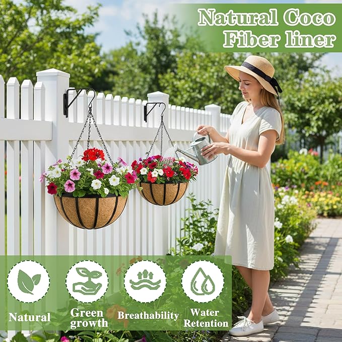 Black Flat Iron Metal Hanging Planter Basket with Coco Coir Liner(2 Pack, 16 Inch) Hanging Planters for Outdoor Plants Round Plant Flower Pots Hanging Flower Basket for Outdoor Patio Garden Decoration EIMQUVW