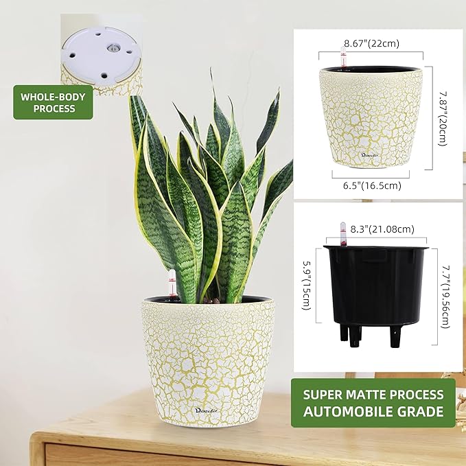 Dexceder 9x8 Inches Self Watering Planter Indoor Outdoor, Inner Pot Design, Thickened Table Flower Plant Pot with Water Level Indicator (White Gold Crackle) Dexceder