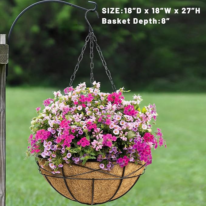 2 Pack 18 Inch Extra Large Deep Hanging Baskets for Plants Outdoor Metal Hanging Planters Flower Pots with Coco Liners Black Hanging Plant Holder for Porch Balcony Garden Planting KarlliuHOMEGARDEN