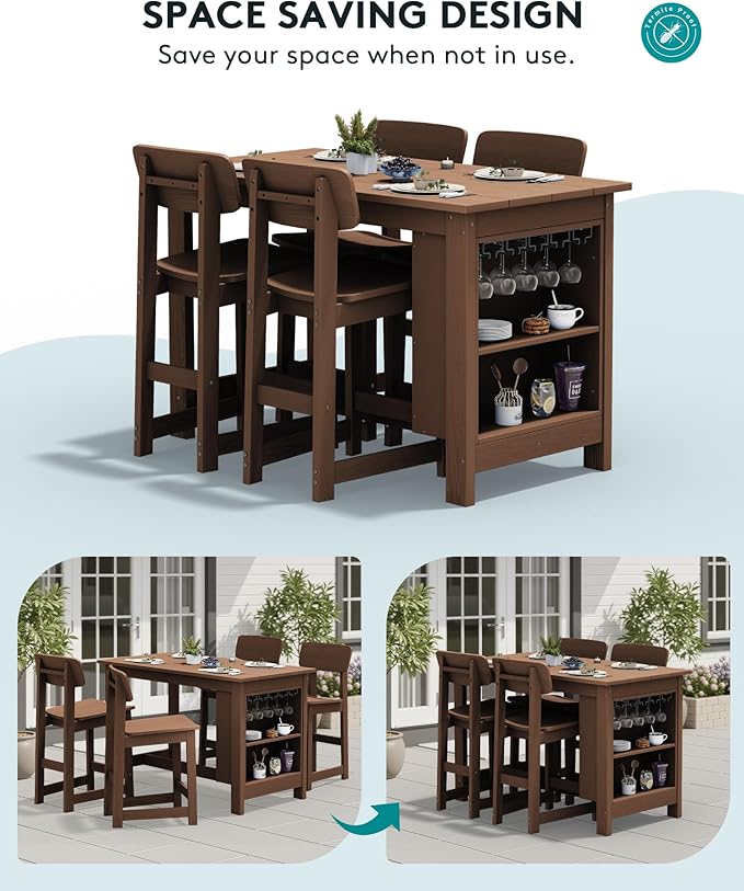 SERWALL 8-Piece HDPE Counter Height Dining Table Sets with Storage and Wine Rack, 2 Rectangular Bar Table with Bar Stools Set of 6 for Garden, Backyard, Kitchen, Brown SERWALL