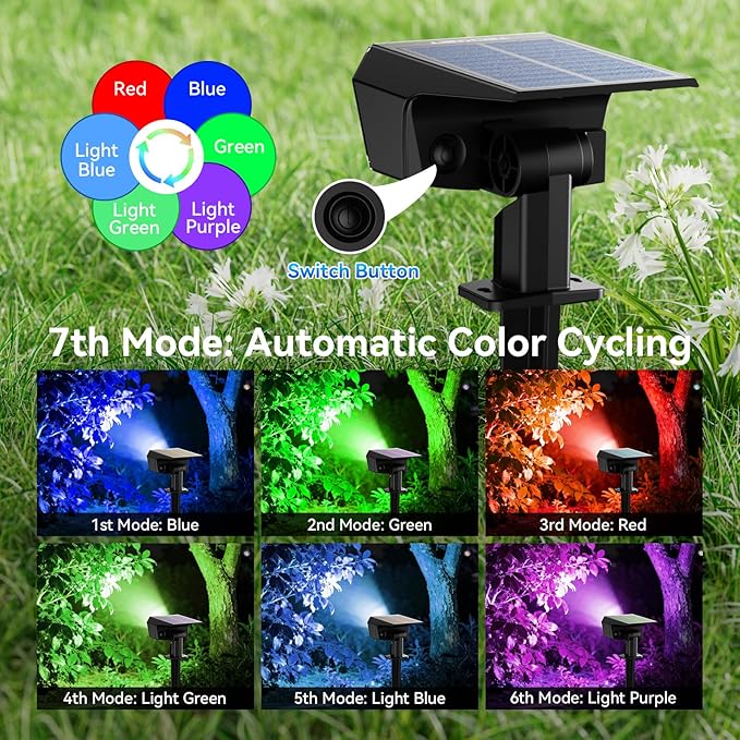 TECKNET Solar Color Changing Lights, 7 Lighting Modes Solar Spot Lights Outdoor Waterproof IP68, 4 Pack Multicolor RGB Outdoor Lights for Garden Yard Landscape Decor (RGB) Tecknet