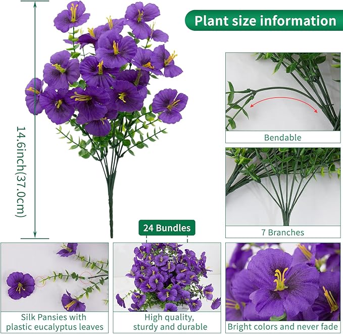 24 Bundles Artificial Pansy Flowers for Outdoor, Faux Silk Pansies Spring Flowers Outside for Planter Front Door Porch Patio Yard Window Box Home Decor (Purple) Griine