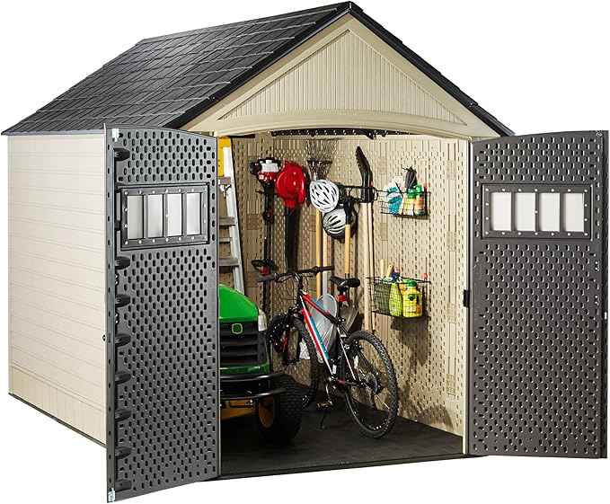Rubbermaid Resin Outdoor Storage Shed With Floor (7 x 10.5 Ft) Weather Resistant, Brown Gable, Organization for Home/Backyard/Garden Tools/Lawn Mower/Bike Storage/Pool Supplies
