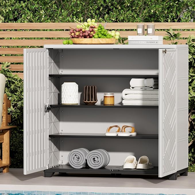 ADDOK Indoor Outdoor Plastic Storage Cabinet 34"x15"x34" with 1 Shelf, Outdoor Storage Shed for Living Room, Hallway, Balcony, Garage, Garden, Backyard-White ADDOK